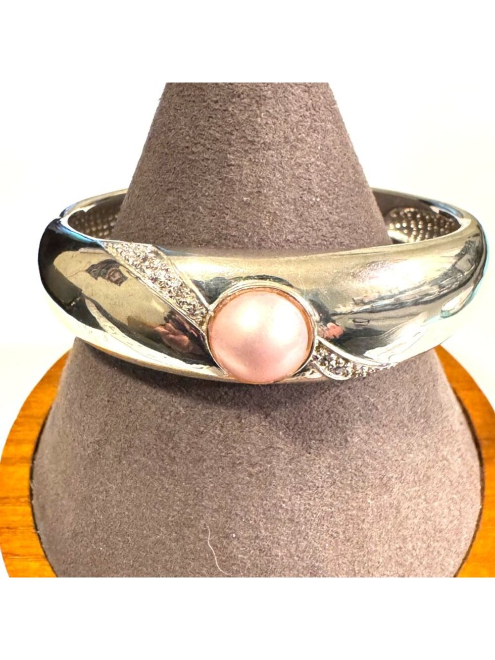 Sterling Silver 925 Pink Freshwater Pearl Bezel Set Cuff Bracelet Size 7.5" Fit
